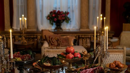Close up of an opulent dining table on the set of Bridgerton