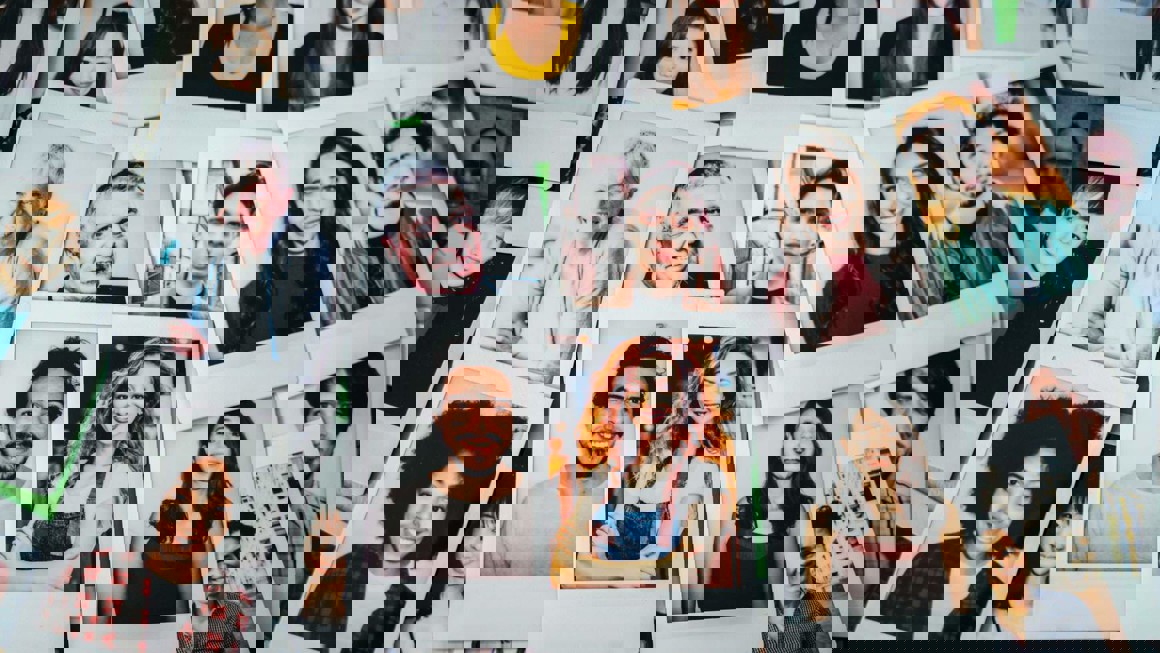 Montage of polaroid pictures of faces of men and women