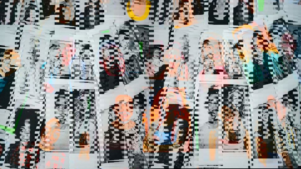 Montage of polaroid pictures of faces of men and women