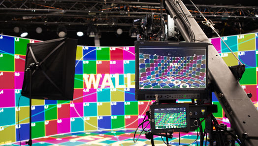 Virtual production screen showing shapes and colours