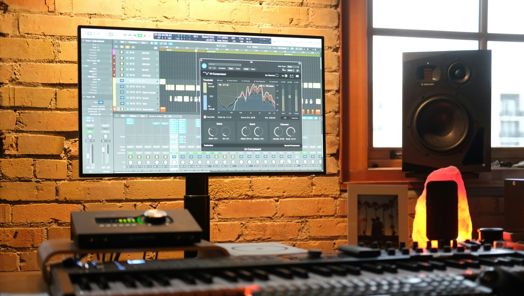 A computer sits on a desk. On the screen, a sound editing software is visible. Beside the desk is a lamp and a speaker.